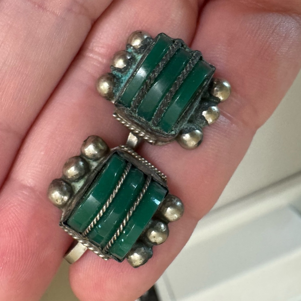 Antique Mexico silver and carved green stone earrings